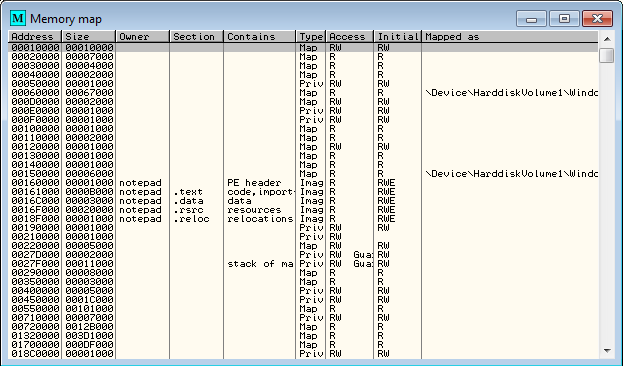 View of OllyDbg's Memory Map of a Process